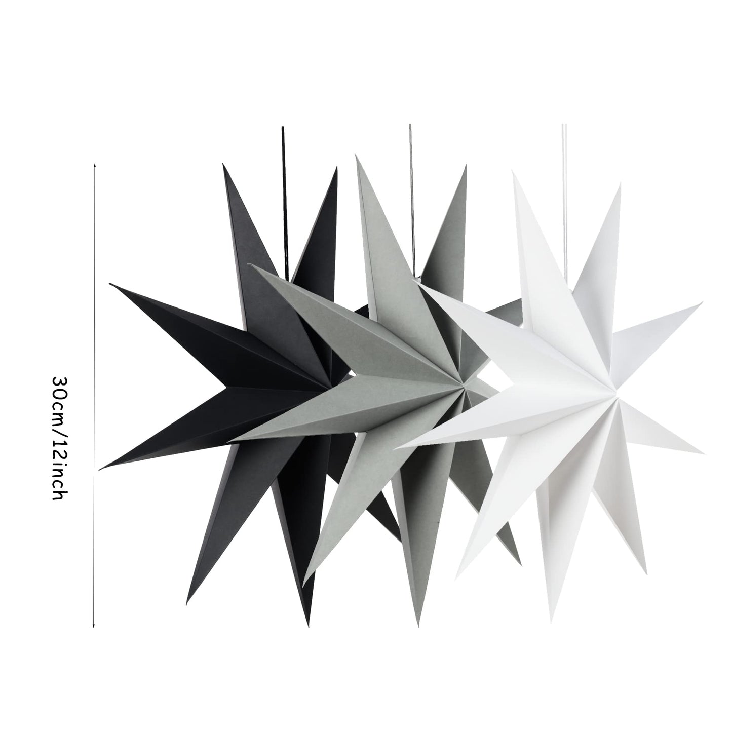SUNBEAUTY 3 Pcs 9-Pointed Paper Star Lanterns 12 Inch Hanging Lampshade Wedding Birthday Christmas Home New Year Party Decorations