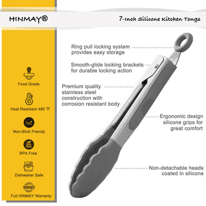 Small Silicone Tongs 7-Inch Mini Serving Tongs, Set of 3 (Black Gray White)
