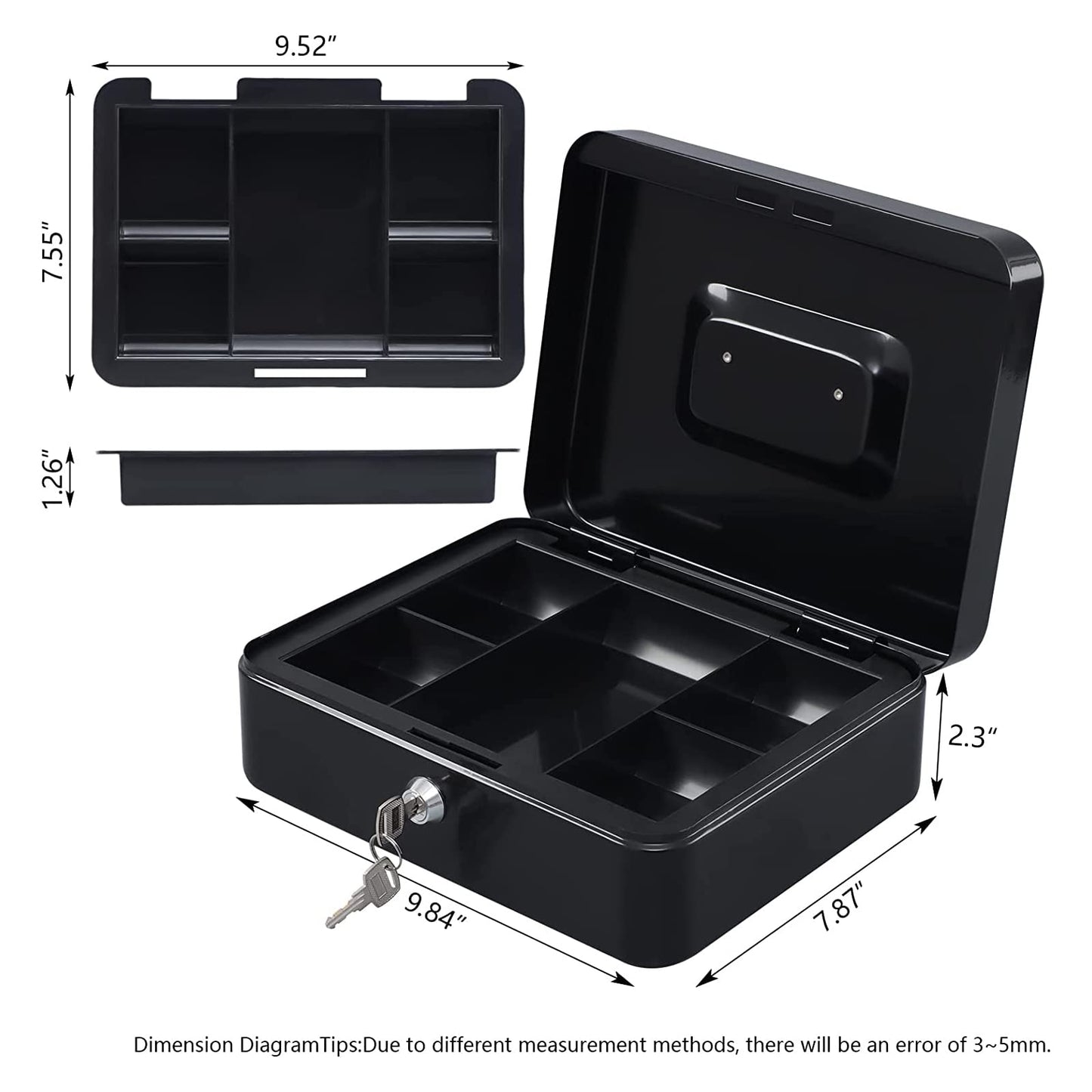 KYODOLED Large Cash Box with Removable Money Tray, Key Lock Metal Storage Box with 2 Keys & Portable Handle, Safe Cash Drawer, 9.84"x 7.87"x 3.54", Black Large
