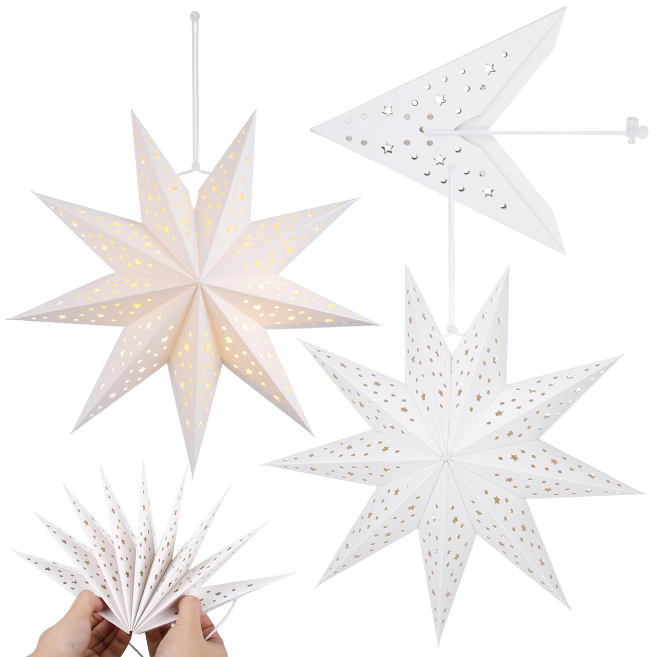 Toddmomy 3 Pack 14 Inch White Paper Star Lampshades - 3D Hollow Hanging Pendant Decor Paper Star Lanterns for Christmas Wedding Birthday Home Party Festival New Year Valentine's Day