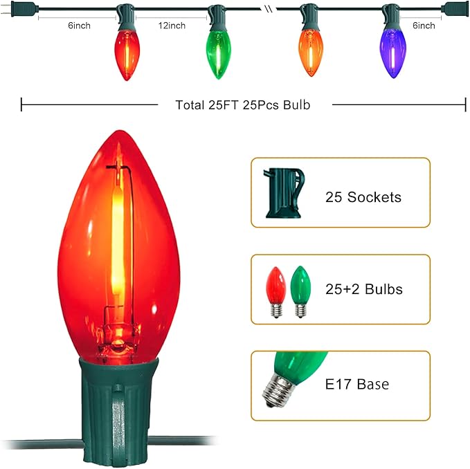 C9 Christmas Lights Outdoor, 25FT Waterproof Multicolor LED String Lights for Roofline Xmas Tree Patio Holiday Party Decor - UL Listed, Commercial Grade, Green Wire
