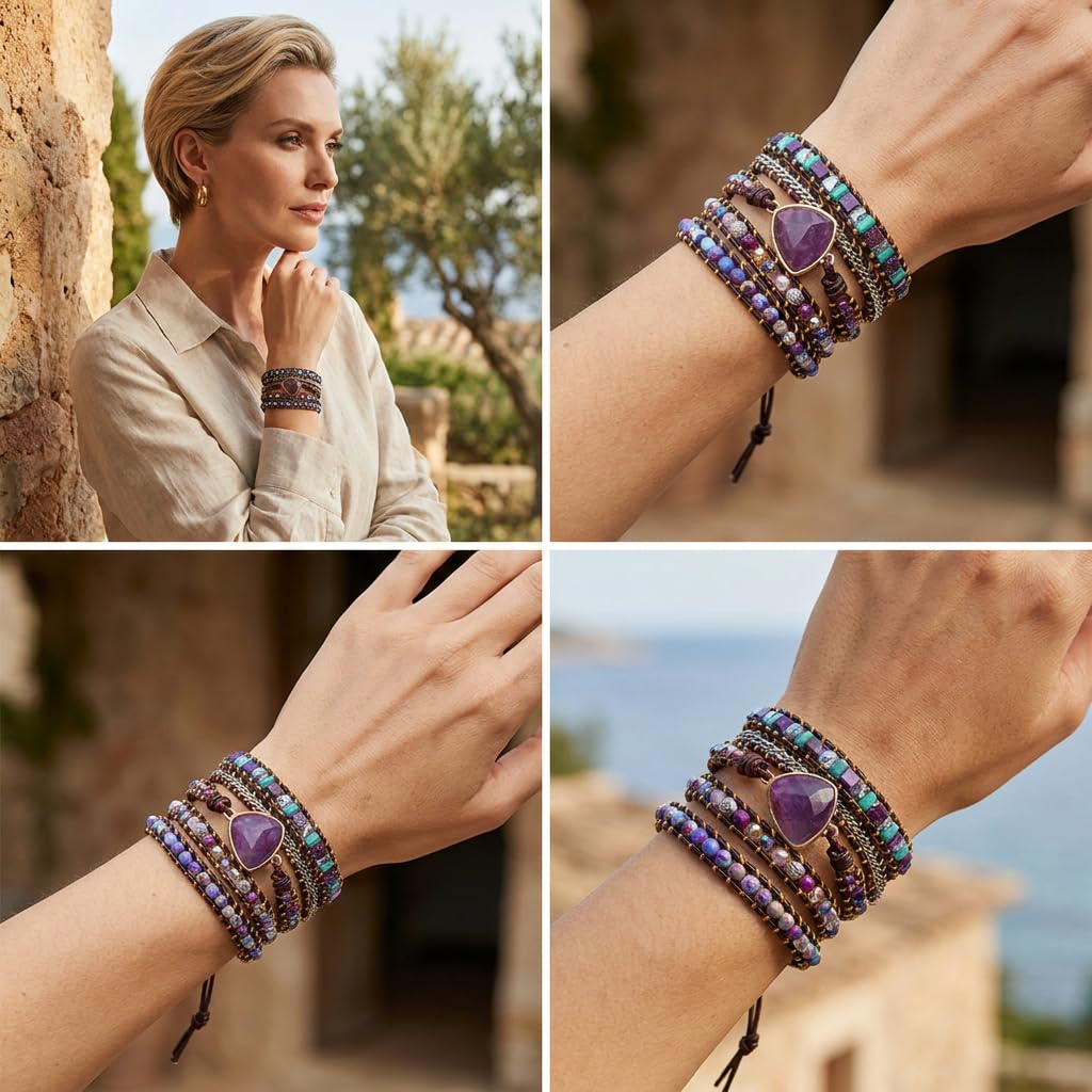 YGLINE Amethyst Healing Bracelet Natural Stone Crystal Bead Wrap Bracelets Collection