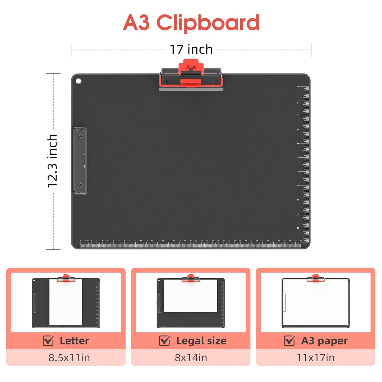 Clipboards with Pen Holder A3 Size 11 x 17 Inch Aluminum Protection Edge Clip Board for Classrooms, Offices, School, Doctor, Coaches [Upgraded Clip] (1 Pack)