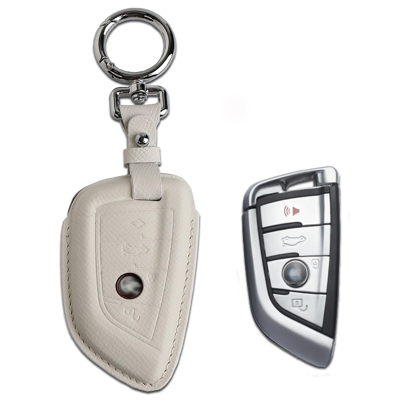 CISUI Leather Key Fob Cover Case, Keychain Shell, Compatible for BMW 2 5 6 7 X1 X2 X3 X5 X6 Series(White)