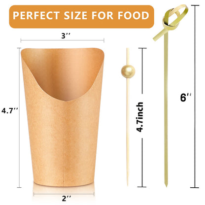 50 Charcuterie Cups with Sticks + 200 Cocktail Picks + 50 Labels, Disposable French Fry Holder with Bamboo Skewers Toothpicks, 12 oz Brown Kraft Paper Appetizer Cups Charcuterie Boards Accessories