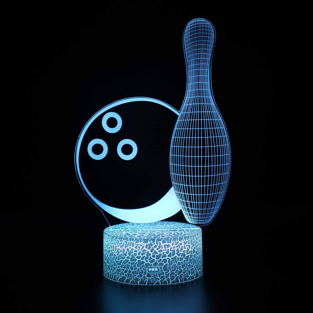AZALCO 3D Illusion Bowling Night Light Teenager Christmas Gifts Xmas Gift Lamp 16 Color Change Touch White Crack Base Birthday Present with Remote Control Boys Girls