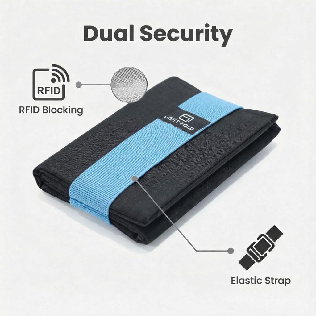 LIGHT FOLD Ultra Slim Tri-Fold Wallet with RFID Blocking, Lightweight Minimalist Men’s Wallet with Elastic Band, Waterproof Durable Nylon Fabric, Slim Front Pocket Card Holder Fits 12 Cards & Cash