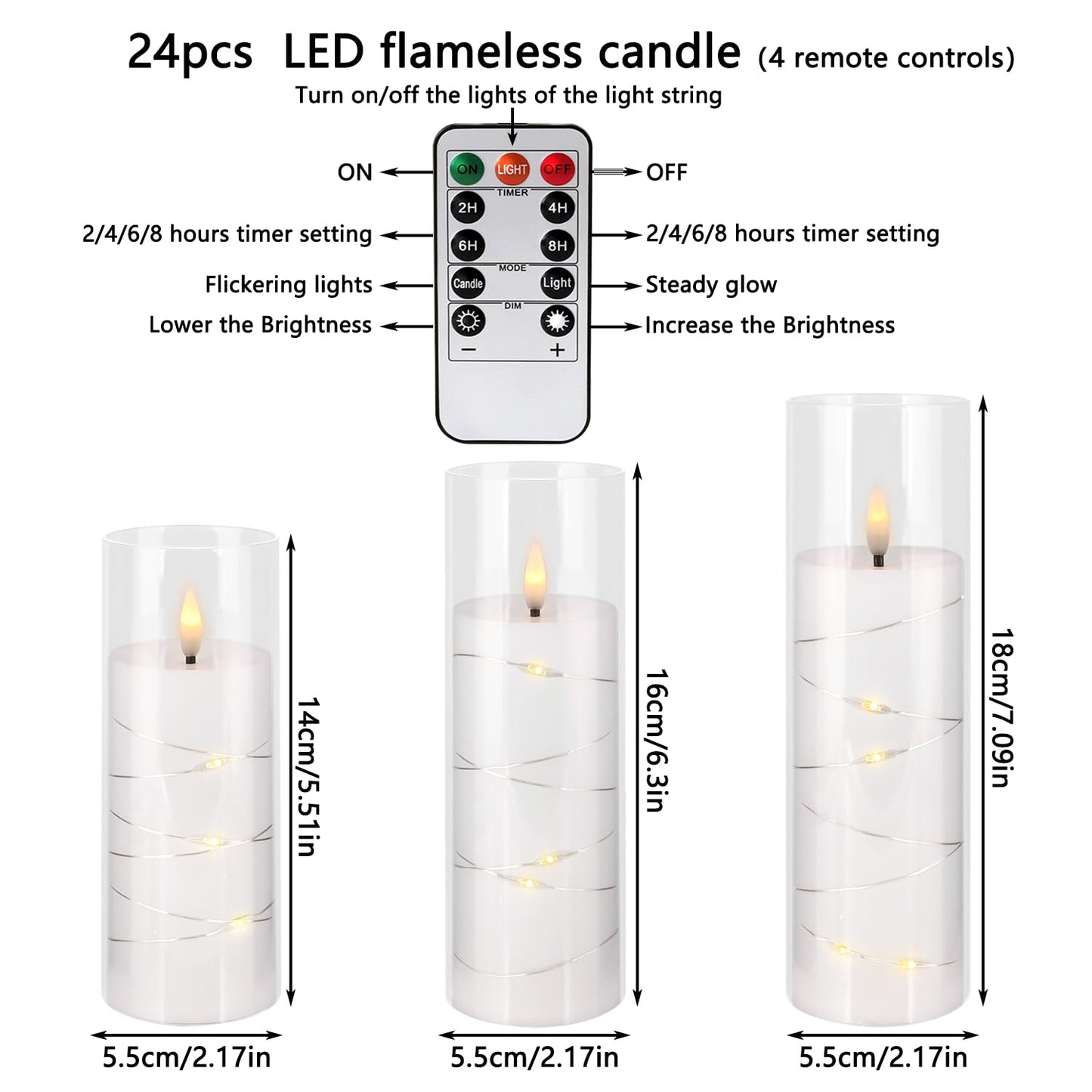 YOROXRG 24 Pack Christmas Decoration Flickering Flameless Candles,Battery Operated Candles,LED String Lights LED Candles for New Year, Home Decor, Parties,Wedding(D2.2 xH 5" 6" 7") (White)