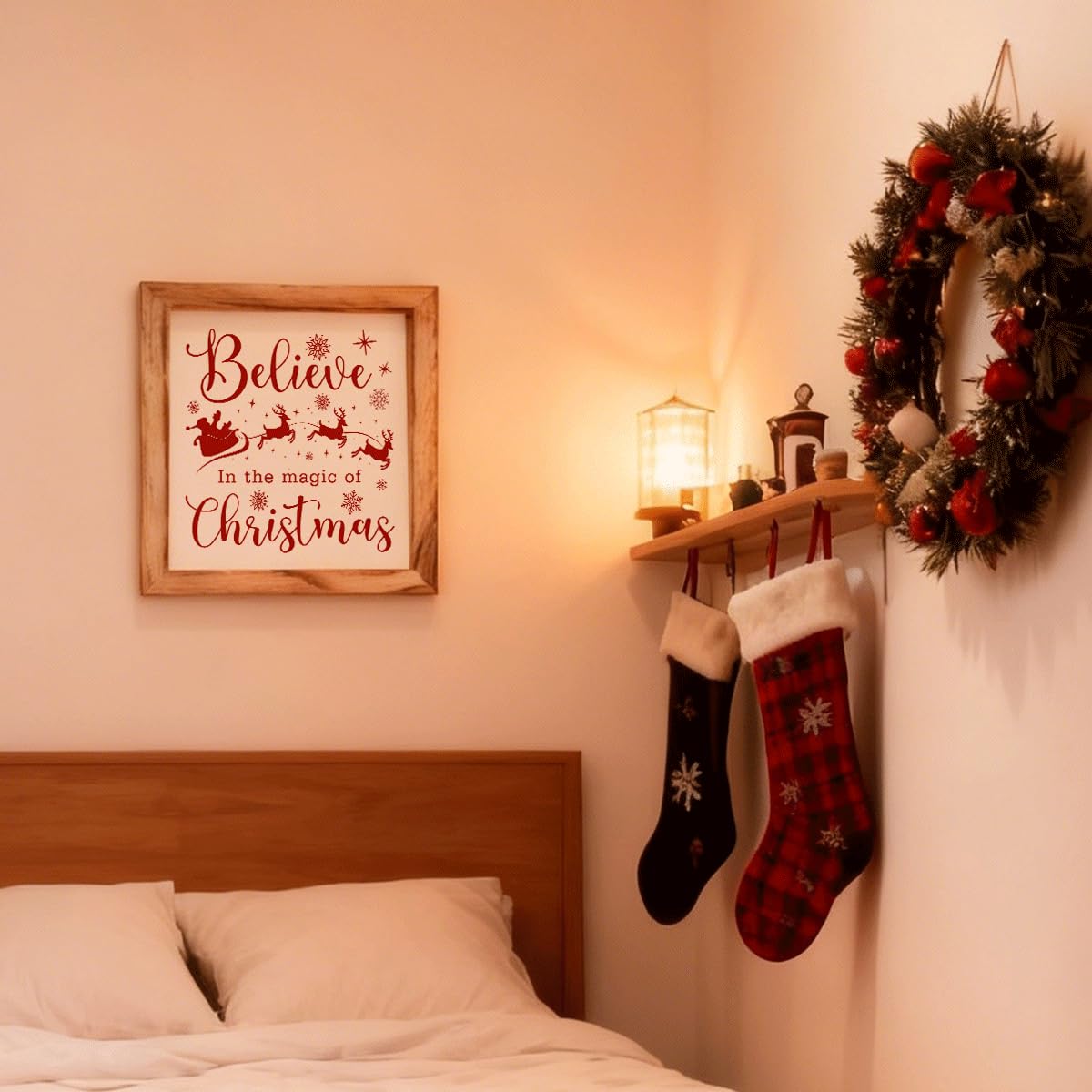 Christmas Wall Decor, Believe in the Magic of Christmas Quote Sign, Santa Sleigh Framed Wood Wall Accent for Cozy Living Room or Bedroom, MDF Holiday Hanging Plaque