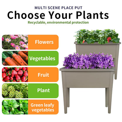 Megawodar 4 Pcs Self Watering Elevated Raised Garden Bed, Large Outdoor Plastic Planter Box Big Flower Plant Pot for Planting Flowers Vegetables and Herbs (4, Khaki)