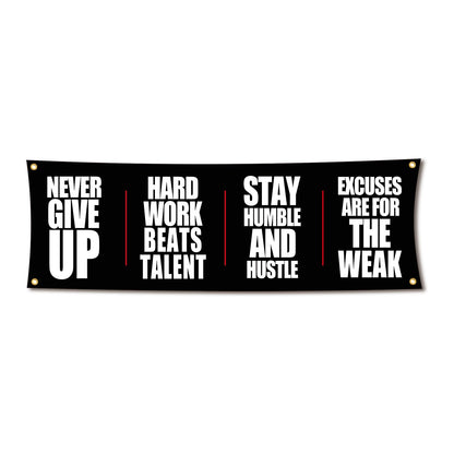 Motivational Gym Flag Banner - Never Give Up - 72x24 Inches Home & Garage Gym Wall Decor with 4 Brass Grommets for Easy Hanging