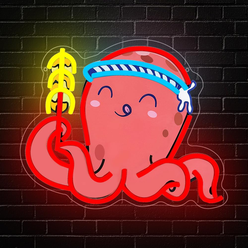 RuCvixkt Takoyaki Octopus Neon Signs for Wall Decor, Japanese Anime Sushi Neon Sign USB Powered Light for Food Shop Kitchen Living Room Restaurant Decoration
