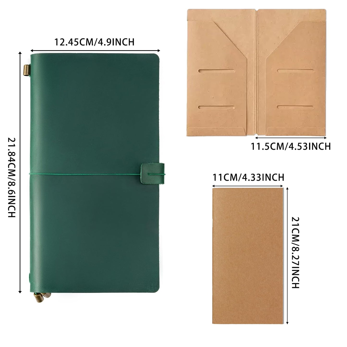 Ox Knight Refillable Leather Travelers Notebook, 8.6 x 4.7 Travel Diary for Men and Women, Genuine Leather Travel Journal with 3 Inserts Regular Travel Notebook for Writing, Sketching & Planning, Standard Size, Green