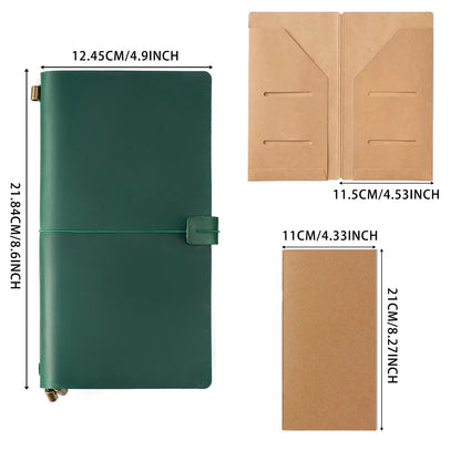 Ox Knight Refillable Leather Travelers Notebook, 8.6 x 4.7 Travel Diary for Men and Women, Genuine Leather Travel Journal with 3 Inserts Regular Travel Notebook for Writing, Sketching & Planning, Standard Size, Green