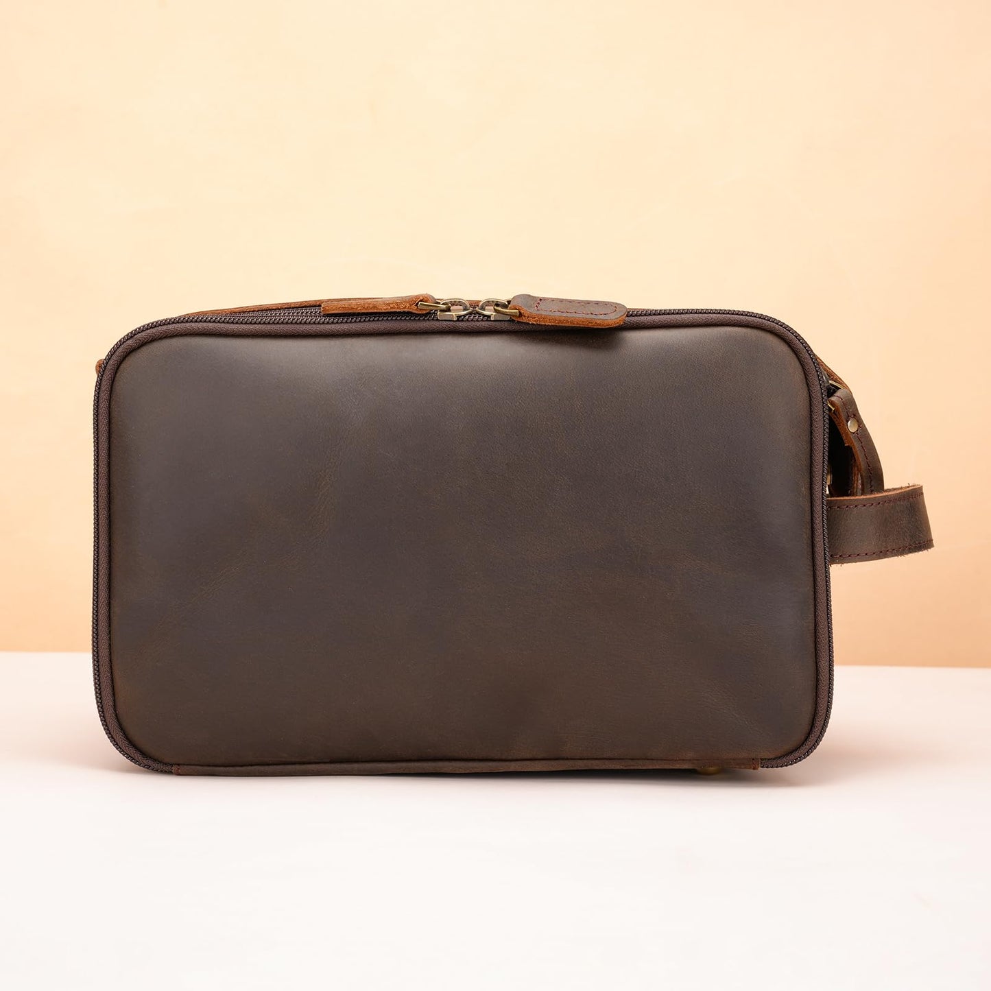 Polare Full Grain Leather Toiletry Bag for Men, Portable Travel Dopp Kit, Large Shaving Kit Organizer Cosmetic Case, Wash Pouch with YKK Zippers