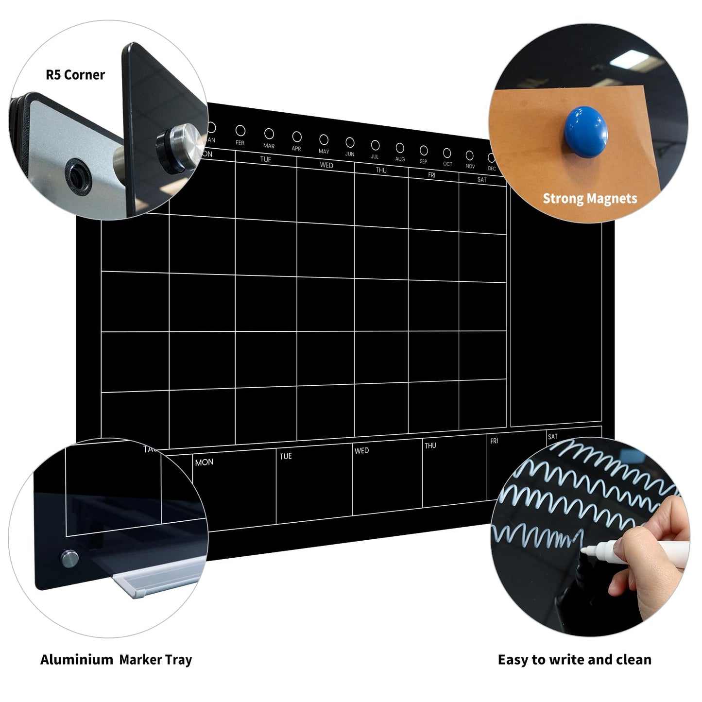 JYYPWB Magnetic Glass Whiteboard 36X24 Monthly Planner Calendar Dry Erase Board for Home, School, Office, Frameless, with Markers, Marker Tray, Eraser, Magnets (Black)