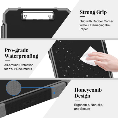 Meiikun Clipboard with Storage, Rugged Shockproof Protective, Internal Pen Pouch & Metal Clip, Heavy Duty Plastic Clip Boards 8.5x11, High Capacity Contractor Folder for School Office (Black)
