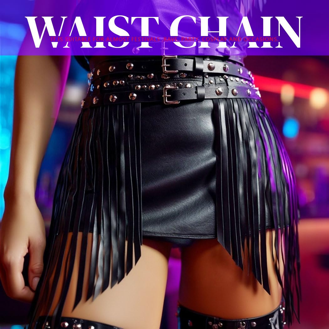 Zoestar Cowgirl Fringe Belt Leather Black Waist Tassel Belts Rave Accessories for Women