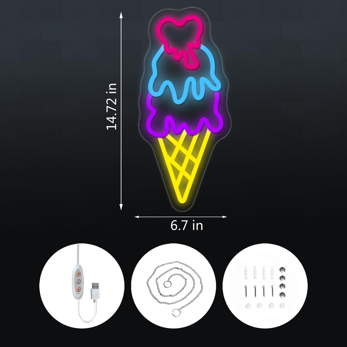 xeayy Ice Cream Open Neon Sign for Wall Decor Dimmable Business LED Neon Light for Ice cream Drink Bar Shop Birthday Christmas Party Bedroom USB Powered Neon Art Signs Decor 14.7×6.7 inch