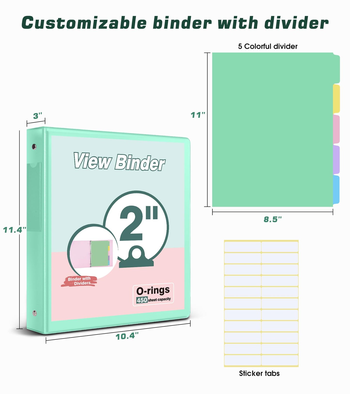 3 Ring Binder 2 inch，Cute Binder Organizer with 5 Tab Dividers Fits 175 Sheets of 8.5x11 Paper, Customizable Clear Cover with Inside Pockets, Aesthetic 2" Three Ring Binders for School Office，Green