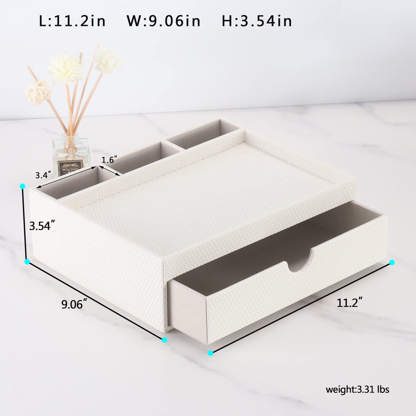 SYRWDXTX Leather Desk Organizer With Drawers, Home Cosmetics & Phone Remote Organizer, Drawer Plus Divider & Tray (white)