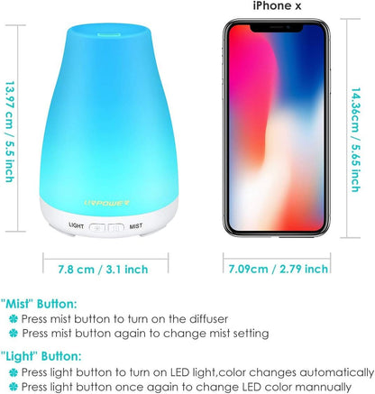 URPOWER Essential Oil Diffusers for Home with 7 LED Color Changing Lights, Timer & Auto-Off Ultrasonic Aromatherapy Diffuser Cool Mist Humidifer Scent Diffuser for Bedroom, Office, Yoga
