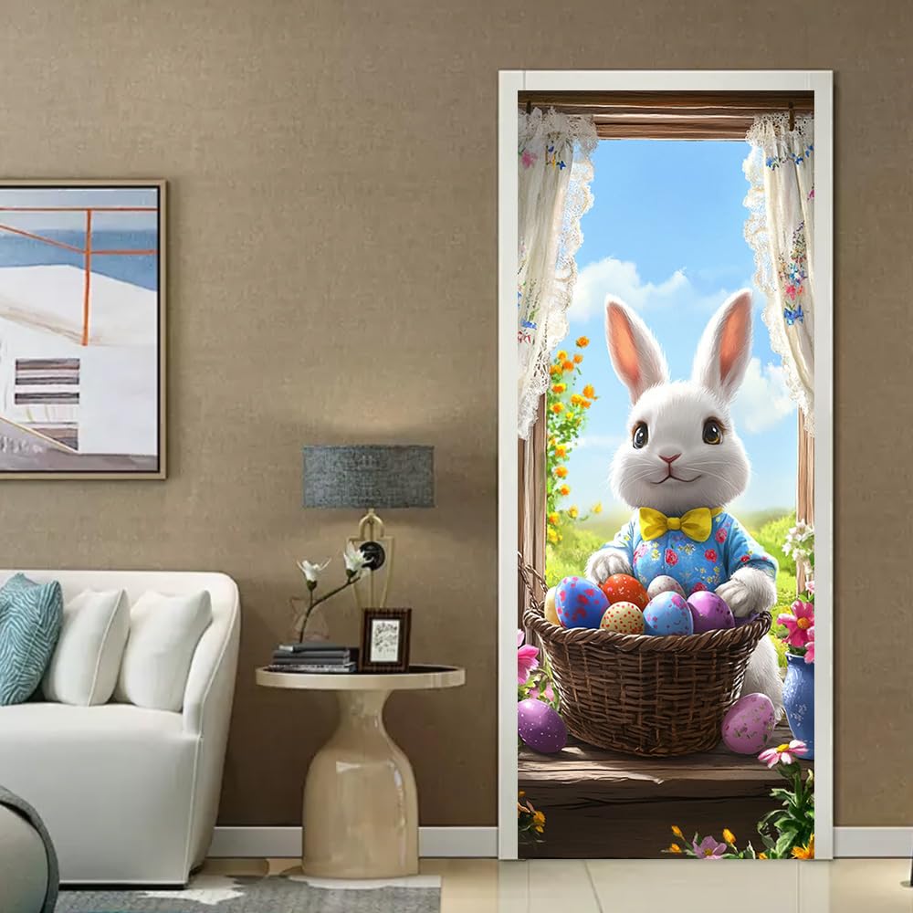 WDESYADMS PVC Self Adhesive Door Sticker 30.3x78.7 Inch Easter Bunny with Basket of Eggs Design Peel and Stick Decorative Door Decal for Bedroom Living Room Entryway Spring Home Decor