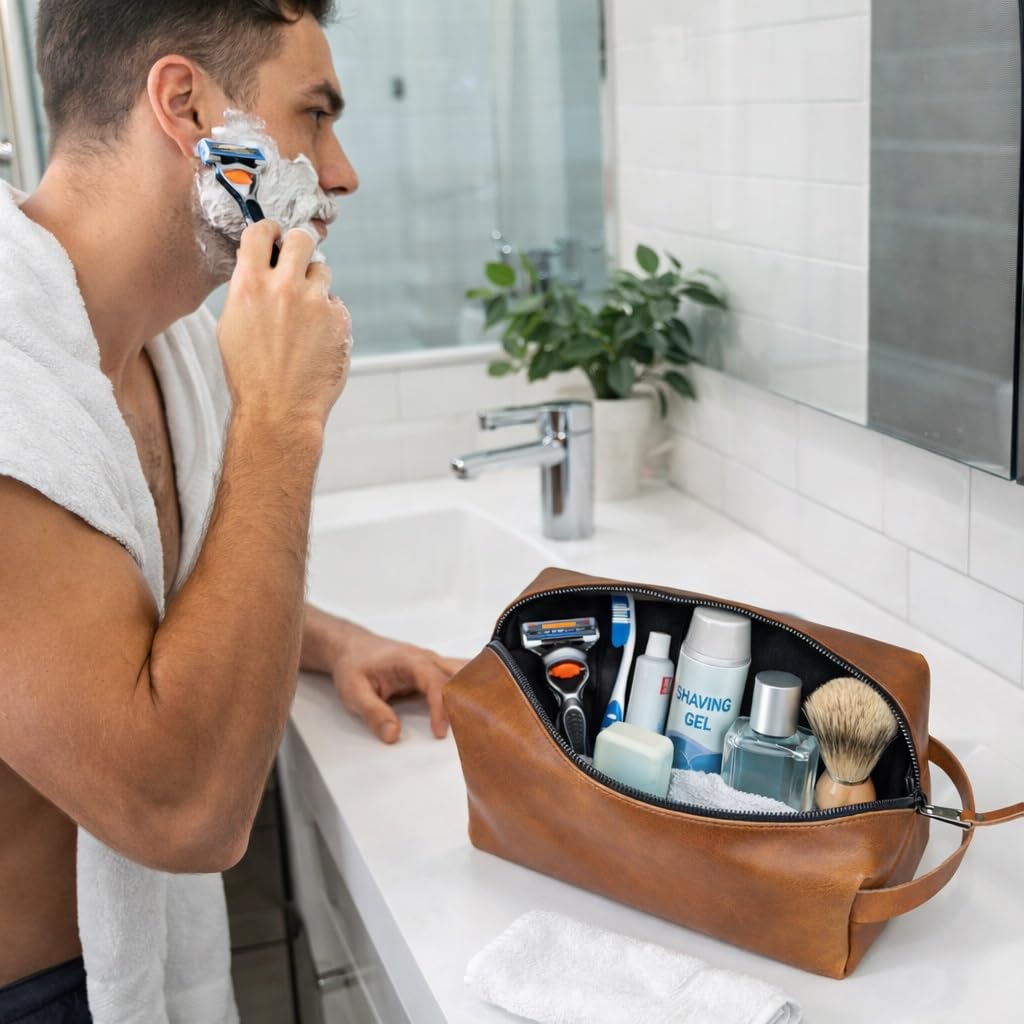 cuero Buffalo Leather Dopp Kit for Men and Women, Travel Toiletry Bag, Shaving and Cosmetic Organizer with Zipper Closure, Tan