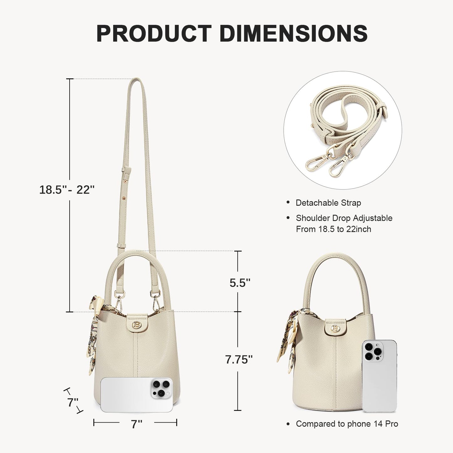 BOSTANTEN Small Crossbody Bags for Women Vegan Leather Mini Bucket Handbag Removable Shoulder Strap Beige