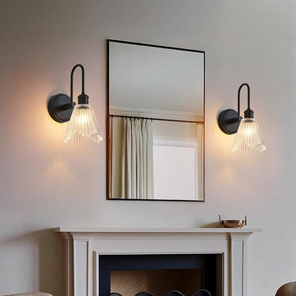 Wall Sconce Set of 2, Black Vintage Light Fixtures with Long Clear Glass Lampshade, Hardwired Sconces Wall Lighting for Bedroom, Bathroom, Living Room | Includes 2 LED Bulbs