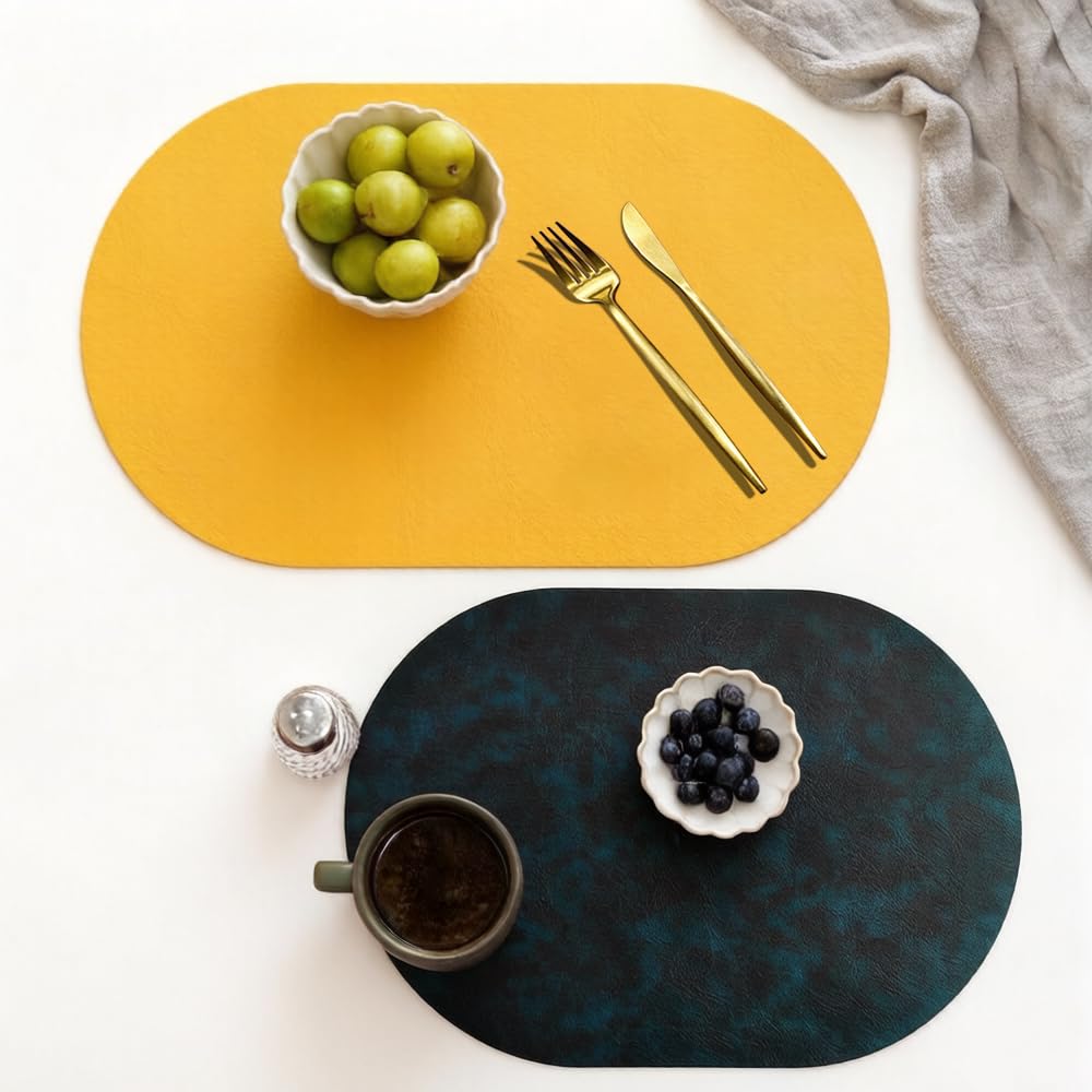 Oval Leather Placemats Set of 6 Washable,Heat Resistant Table Mats for Dining Table, Durable and Easy to Clean for Daily Use (Black Brown)
