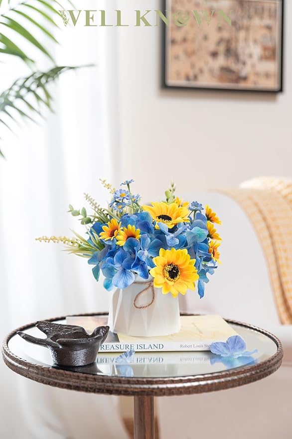WELL KNOWN Small Fake Flowers in Plastic Vase 7" Centerpieces Coffee Table Decor, Silk Sunflower Arrangement for Home Decor Artificial Flower Bouquet for Dining Room Kitchen Wedding Summer Yellow Blue
