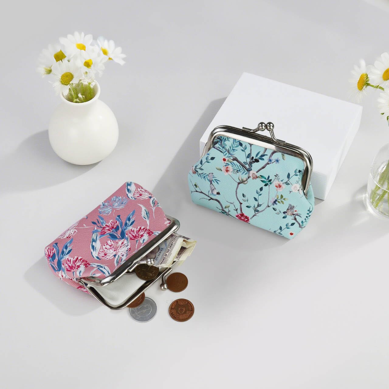 FuninCrea 2 Pcs Faux Leather Coin Purse for Women with Kiss Lock, Floral Pattern Change and Coin Wallet Double Clasp Closure Mini Wallet for Cash Key (Blue+Dark Pink)
