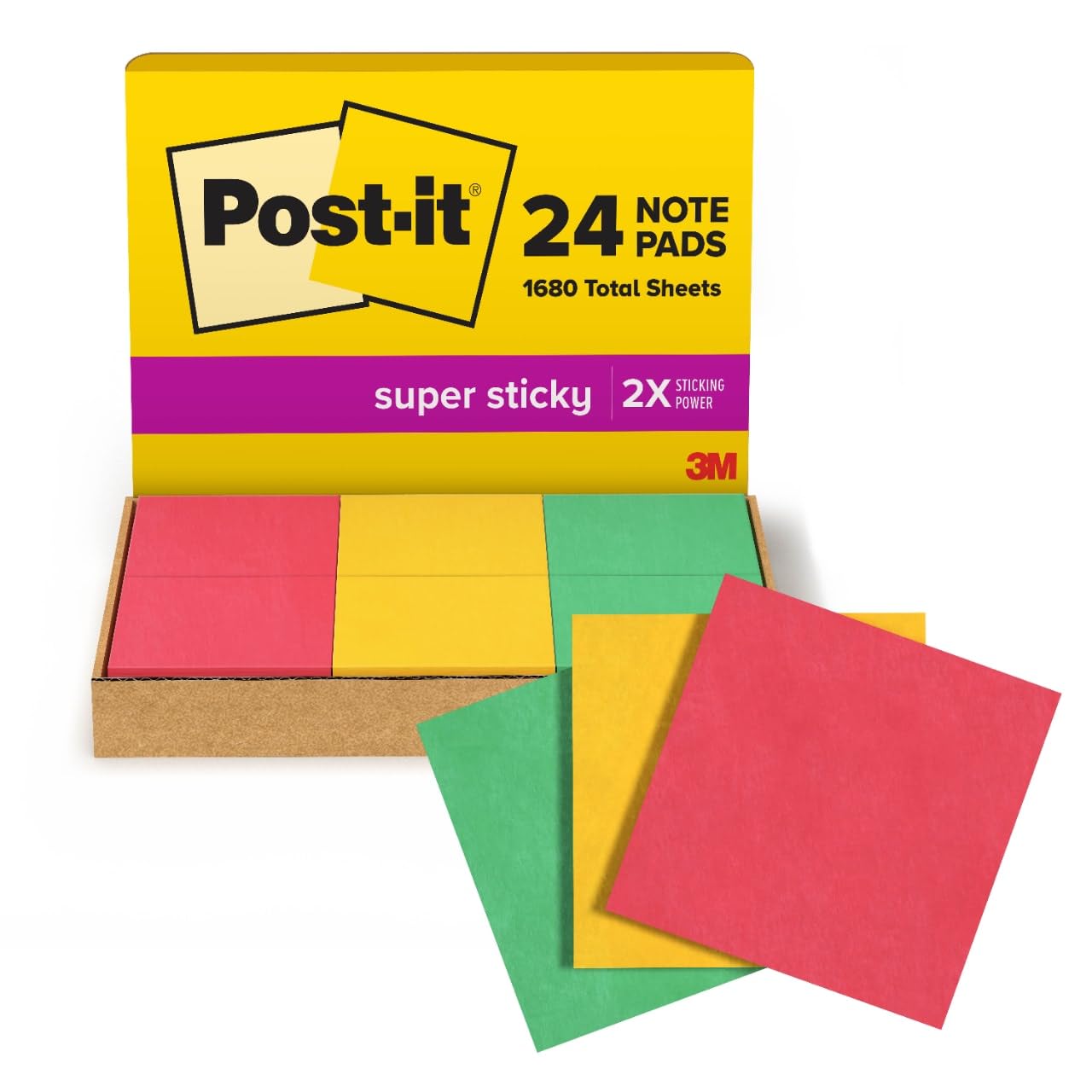 Post-it Super Sticky Notes, 24 Sticky Note Pads, 3 in. x 3 in. Red, Yellow & Green, School Supplies, Office Products, 2X the Sticking Power, Workshop Kit