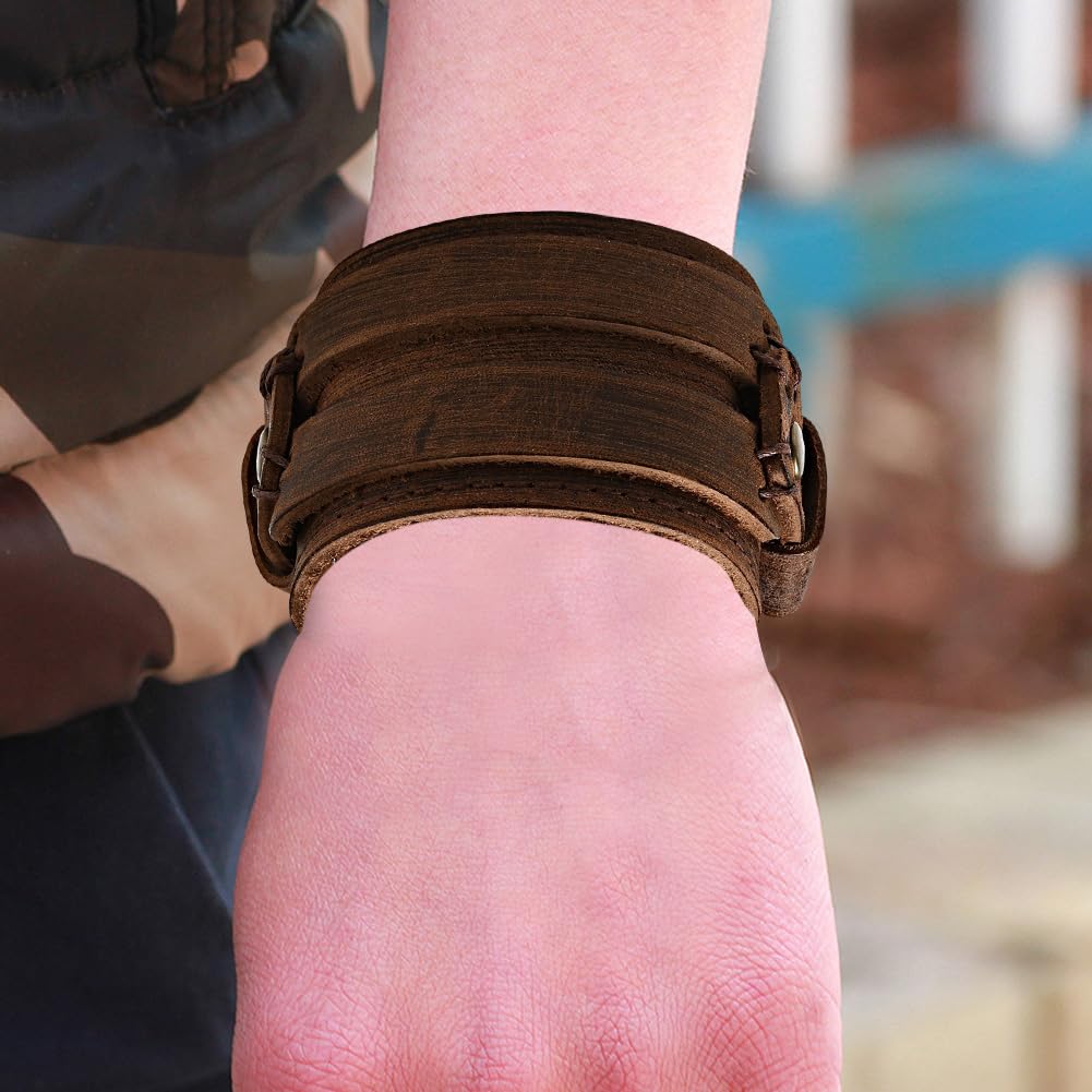 CALFOVERA Brown Punk Genuine Leather Wrap Wristband Gothic Wide Cowhide Leather Cuff Bracelet Adjustable Handmad Bangle Arm Armor with Snap Button Clasp for Men Women Halloween Costume Party
