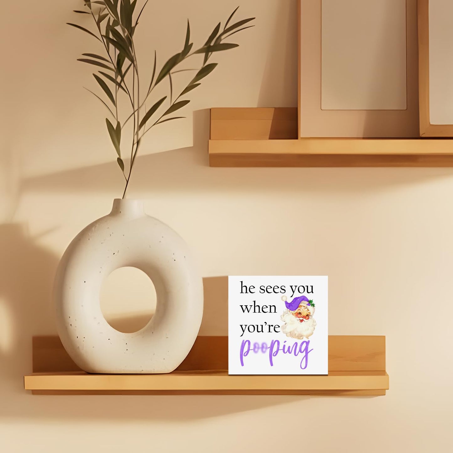 ATBWGT Funny Purple Christmas Santa Bathroom Wooden Box Sign,Santa Bathroom Decor,He Sees You When You're Pooping Wood Block Plaque Signs for Bath Room Toilet Washroom Shelf Counter Decor,5x5 Inch