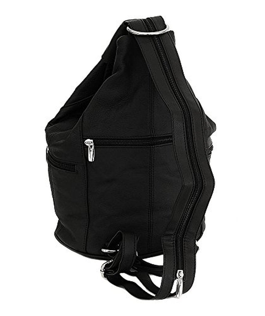 Womens Leather Convertible 7 Pocket Medium Size Tear Drop Sling Backpack Purse Shoulder Bag, Black
