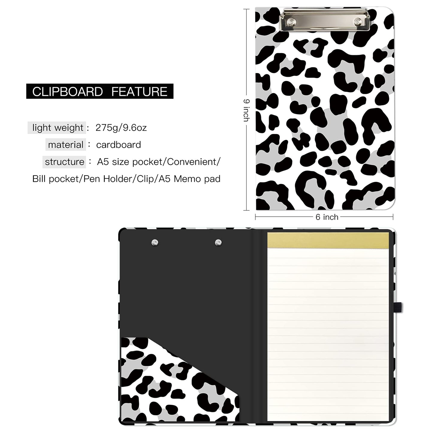 Hongri Mini Clipboard Folio with Refillable Lined Notepad and Interior Storage Pocket for Students, Classroom, Office, Women, Man, Cute Custom Pattern, Standard A5 Size 6 x 9 in, Cream Spots