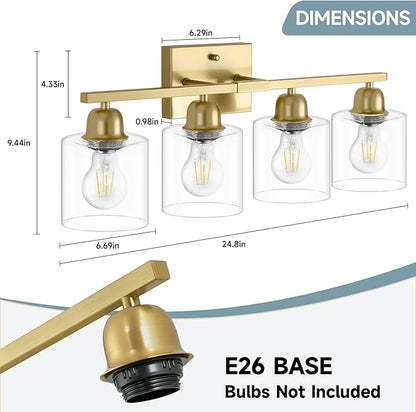 Modern Brushed Gold 4 Light Bathroom Light Fixtures, 24 inch Vanity Lights for Bathroom with Clear Glass for Mirror Kitchen Living Room Hallway Cabinet Porch