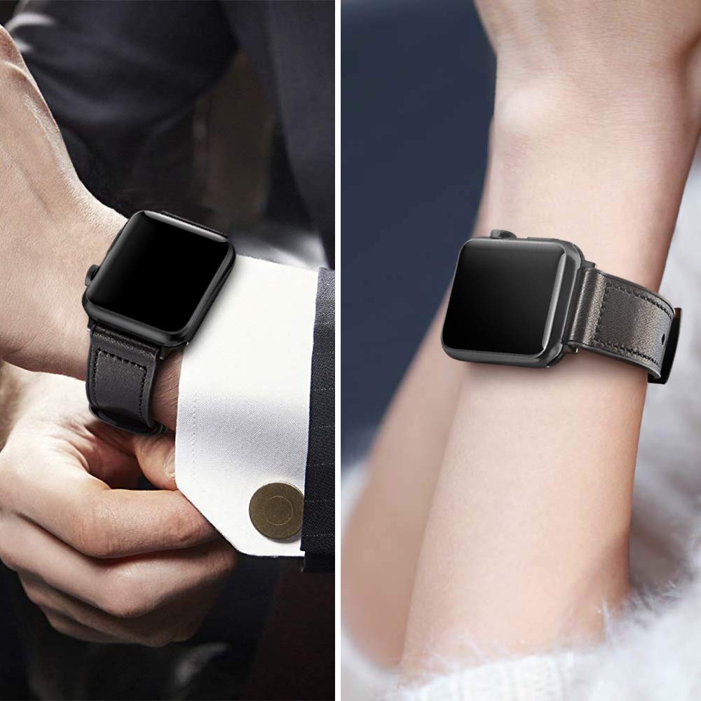 OUHENG Leather Bands Compatible with Apple Watch Band 49mm/46mm/45mm/44mm/42mm, Leather Rubber Hybrid Strap for iWatch Ultra 3/2/1 Series 11 10 9 8 7 6 5 4 3 2 1 SE 3/2/1, Black/Black