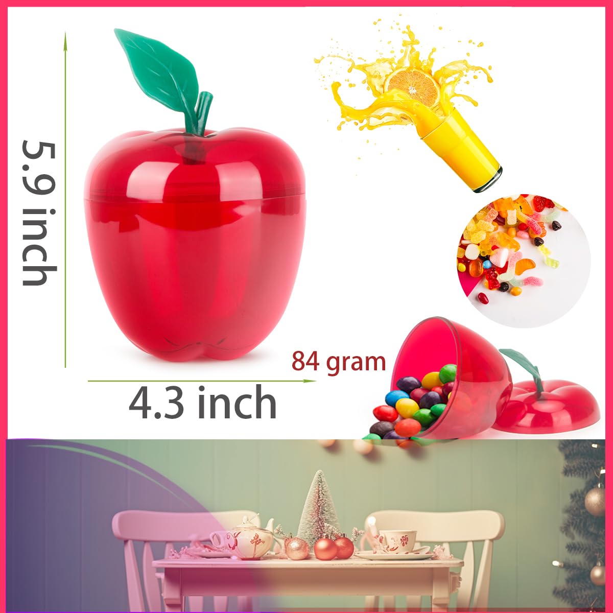 Heffiso Plastic Apple Jars, Apple Shaped Cookie Jars, 5.9x4.3 Inches, Festival Cookie Container Set for Christmas Decoration, Lovely Candy Jar (2 in Red)