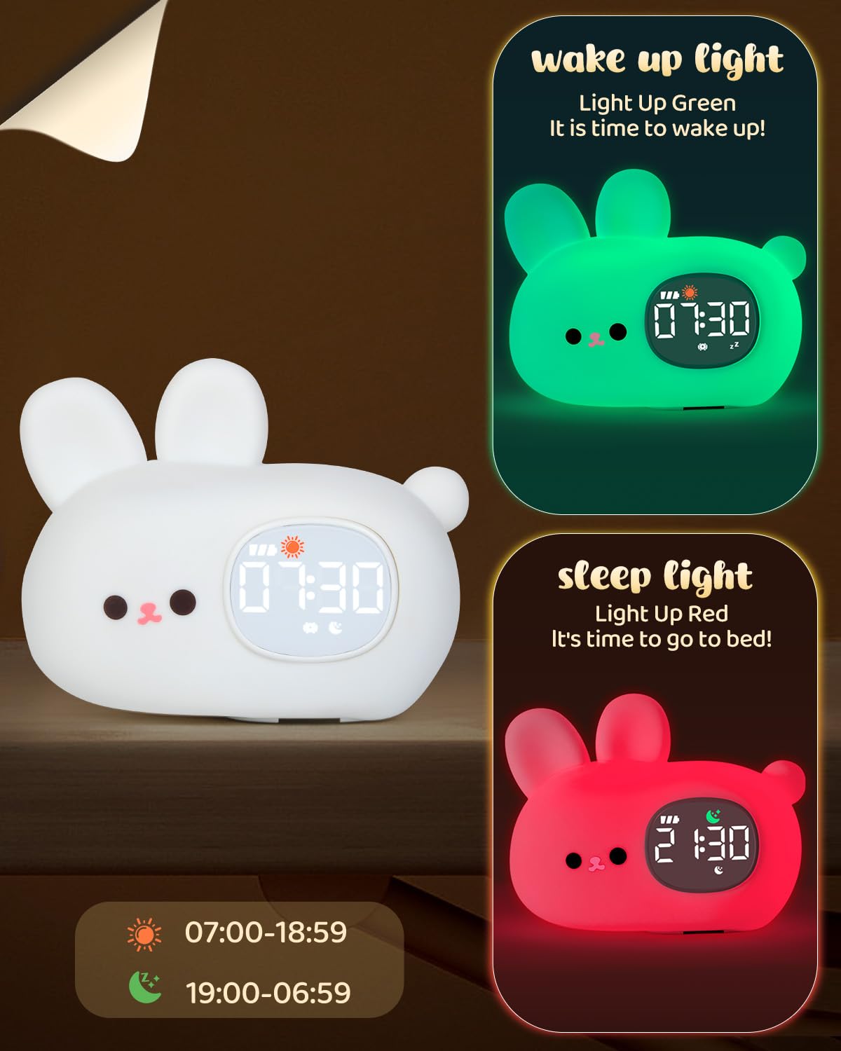 Yiliaw Bunny Alarm Clock for Kids with Night Light, Sleep Training Clock Time to Wake Clock, Rechargeable Silicone Light for Bedroom, Perfect Sleep Companion for Boys Girls