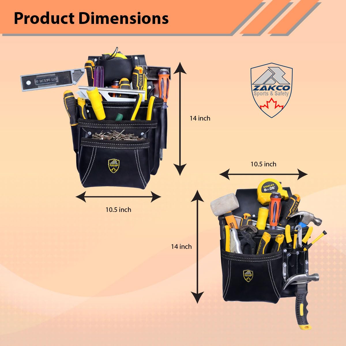 ZAKCO PRO-19 Genuine Grain Leather Multi Pockets Construction Tool Rig, Carpenter Tool Belt, 2 Leather Tool Pouches, Pro Style Tool Belt for Framers, Handyman, Drywall & Roofers (BLACK, Full Size)