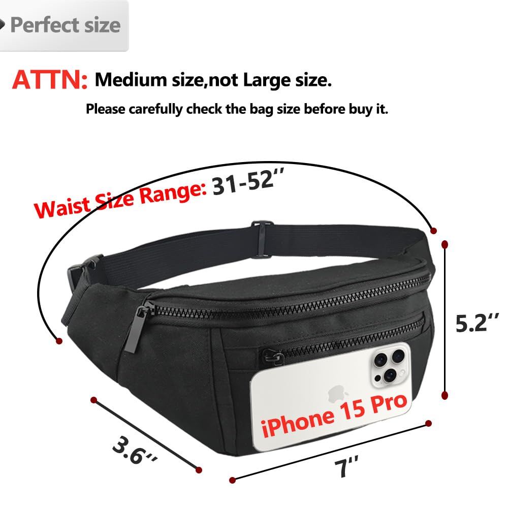 Fanny Pack for Men Women,Crossbody Waist Bag Pack,Belt Bag for Travel Walking Running Hiking Cycling,Easy Carry Any Phone,Wallet (Black)