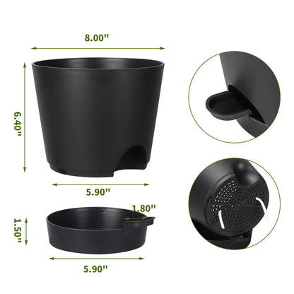 SPEPLA 8 Inch Self Watering pots for Indoor, 6 Pack Plastic Plant Pots with Drainage Holes, Black
