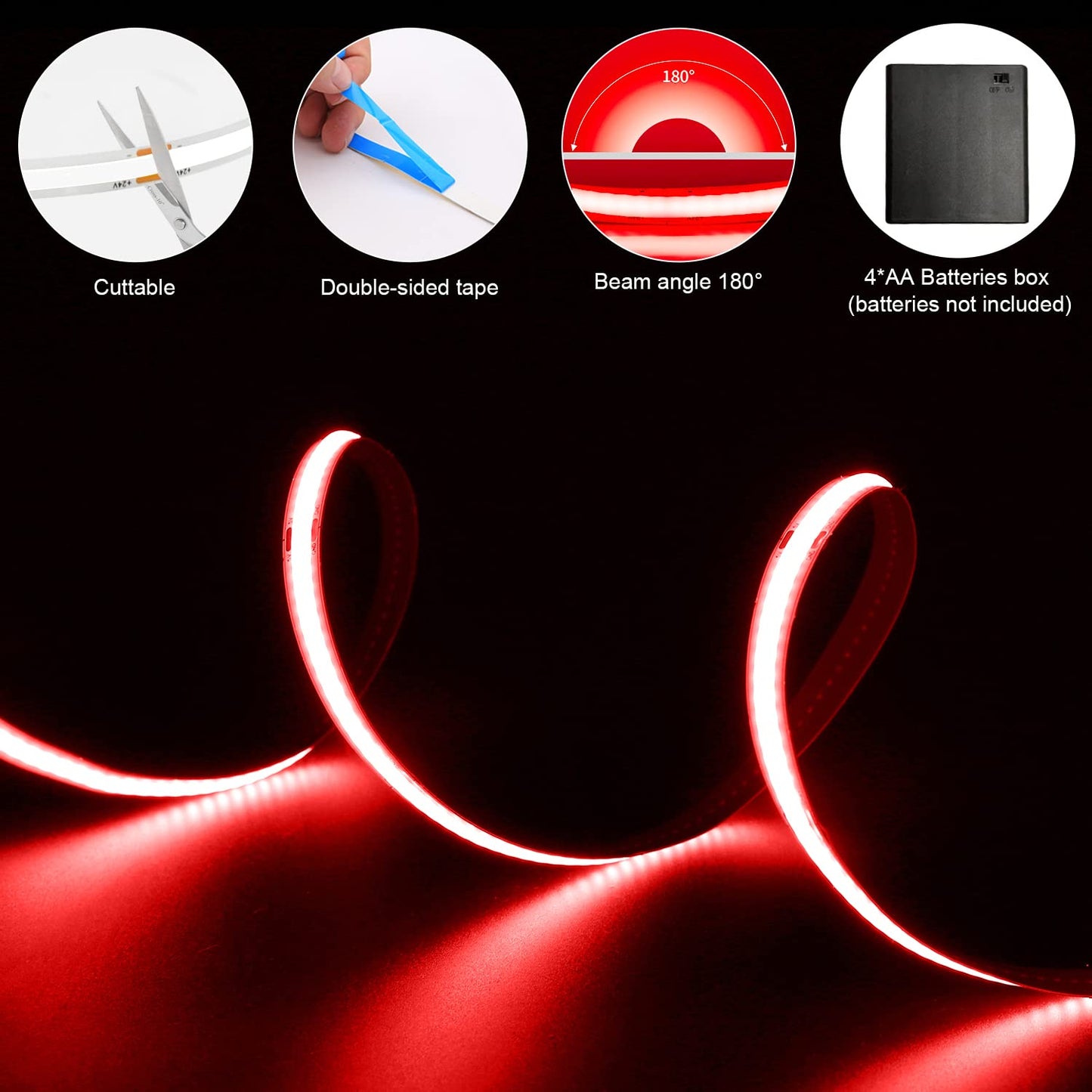 Smacen Battery Powered COB Led Strip Lights, 4.92Ft Battery Operated Red LED Strip Lights, High Brightness Flexible LED Tape Lights for Room, Cabinet, Bedroom, Kitchen, Party, Home DIY Decoration