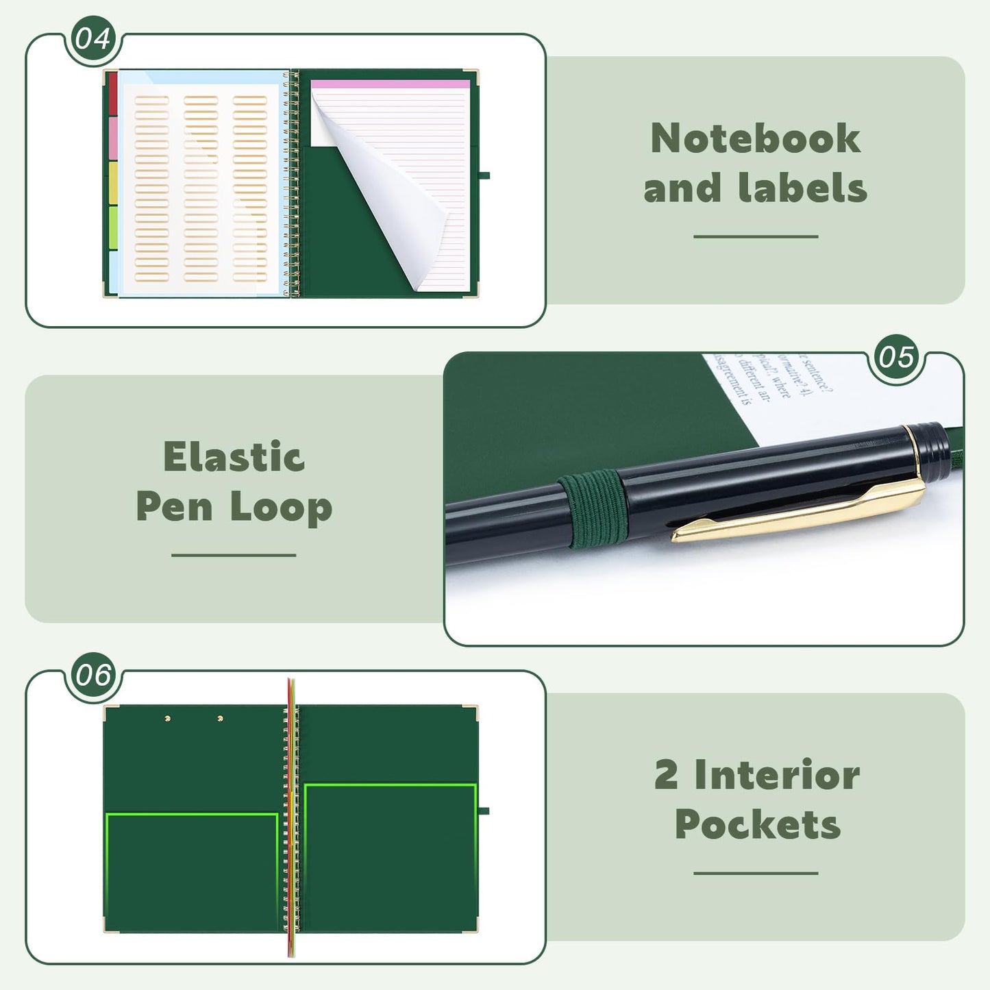 EYROZILL Clipboard with Storage, Clipboards for Letter Size, Clip Board with 5 Folders and 10 Pockets, Spiral Cute Clipboard for Office School Nursing, 8.5'' x 11'' (Linen Green, Letter Size)
