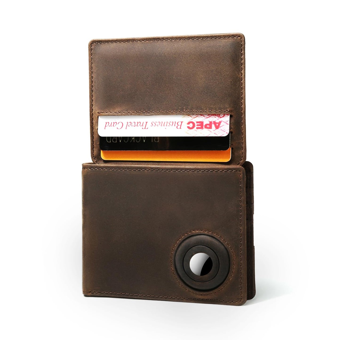 HZSMART Genuine Leather Wallet for Men, RFID Wallet with Airtag Slot,Crazy Horse Leather Card Holder Wallets with gift box Air tag Tracker NOT INCLUDED (Brown)