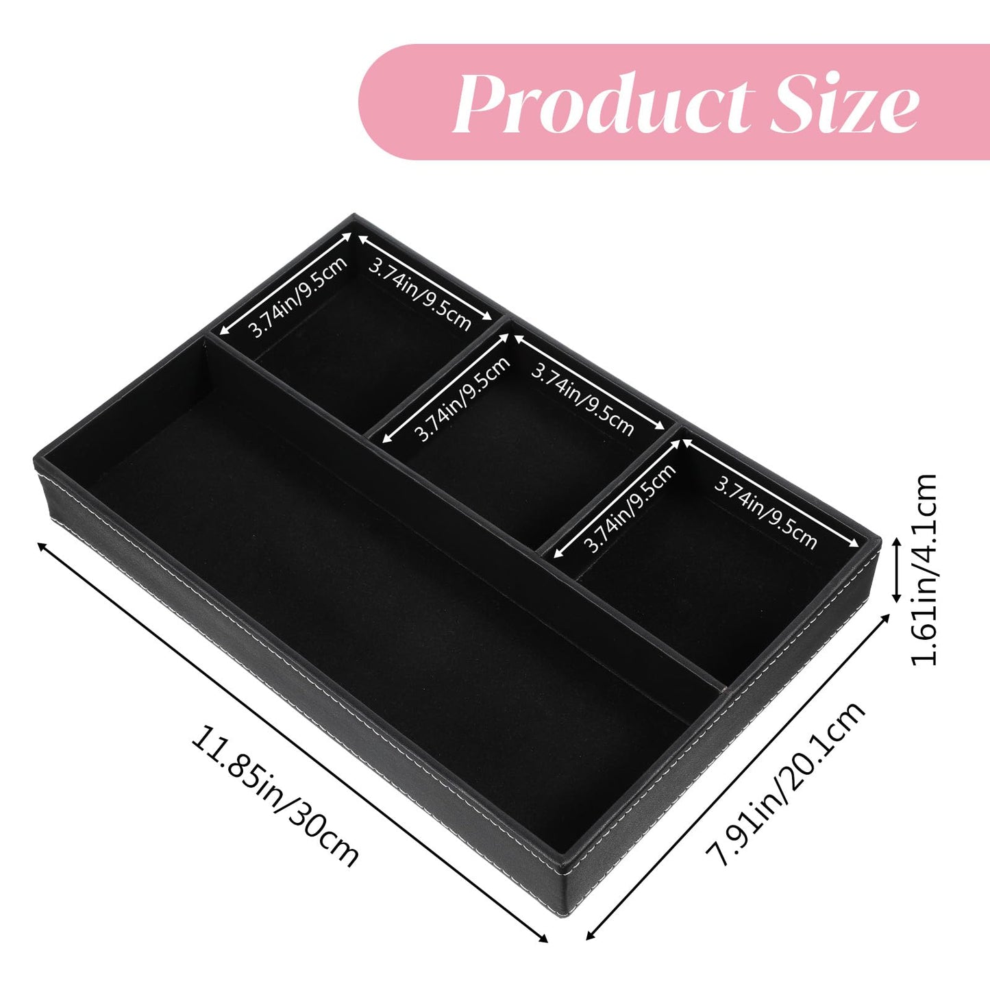 Giloaou 3 Pieces Faux Leather Valet Tray Set, Stackable Jewelry Organizer with Soft Lining, Dresser Storage Box for Nightstand, Key, Wallet, Watch, Phone, Sunglass, Coin, Black