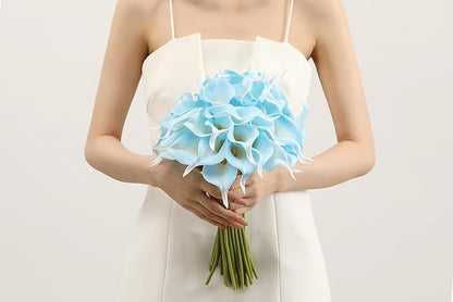 SITUMEIZI 24 PCS Light Blue Fake Flowers Artificial Calla Lily Silk Flowers Real Touch for Mother's Day Easter Home Kitchen Decor Wedding Bouquet Office Spring Decoration
